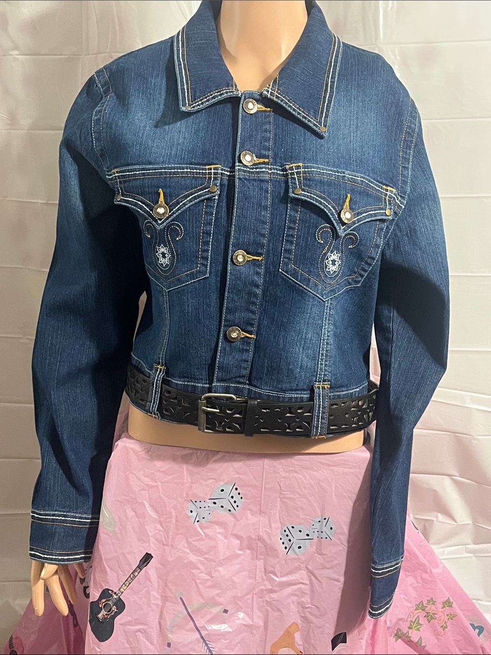 Indulgence Dark Blue Denim Jacket with Gold-Tone Logo Button - Picture 2 of 15